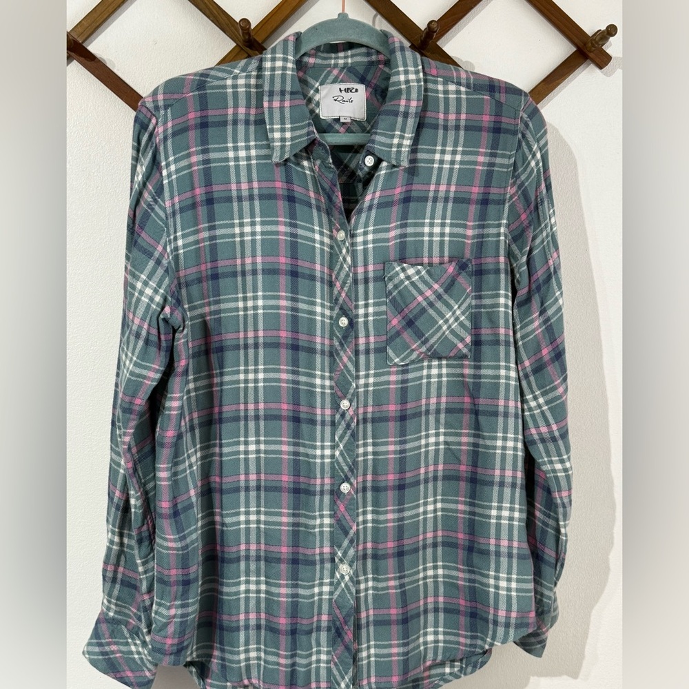 Rails Plaid Shirt Womens Med Button Front Western Rayon Long Sleeve